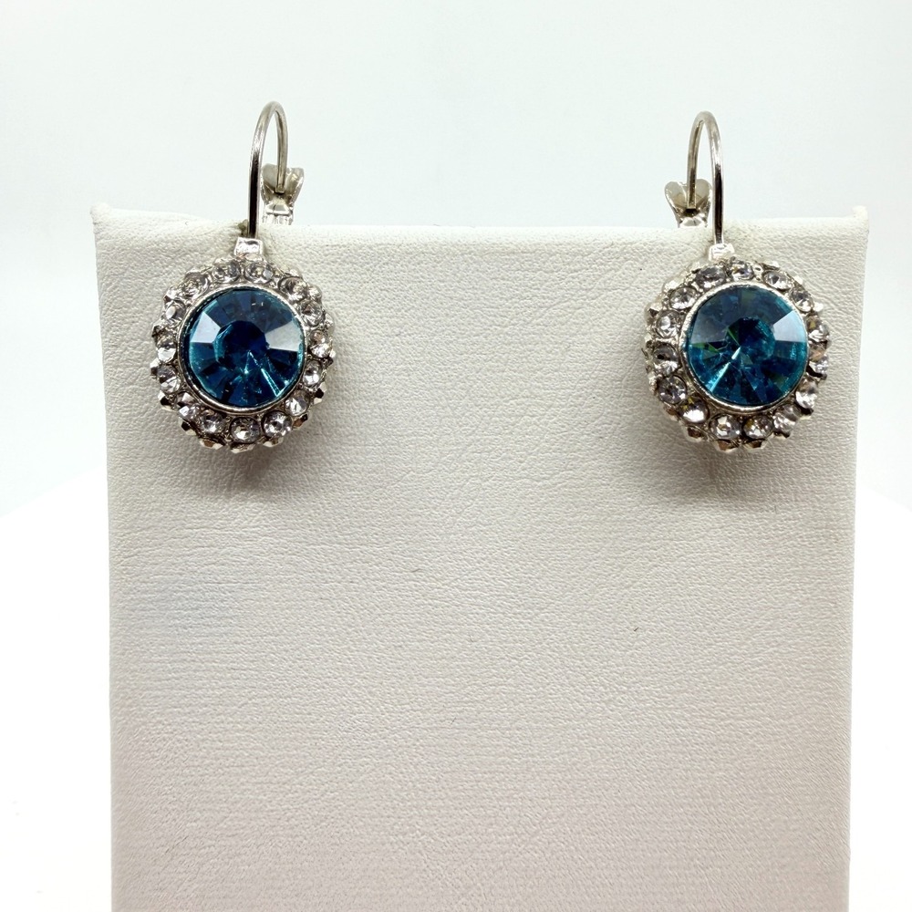 Y2K Blue Crystal Rhinestone Halo Drop Earrings Silver Tone